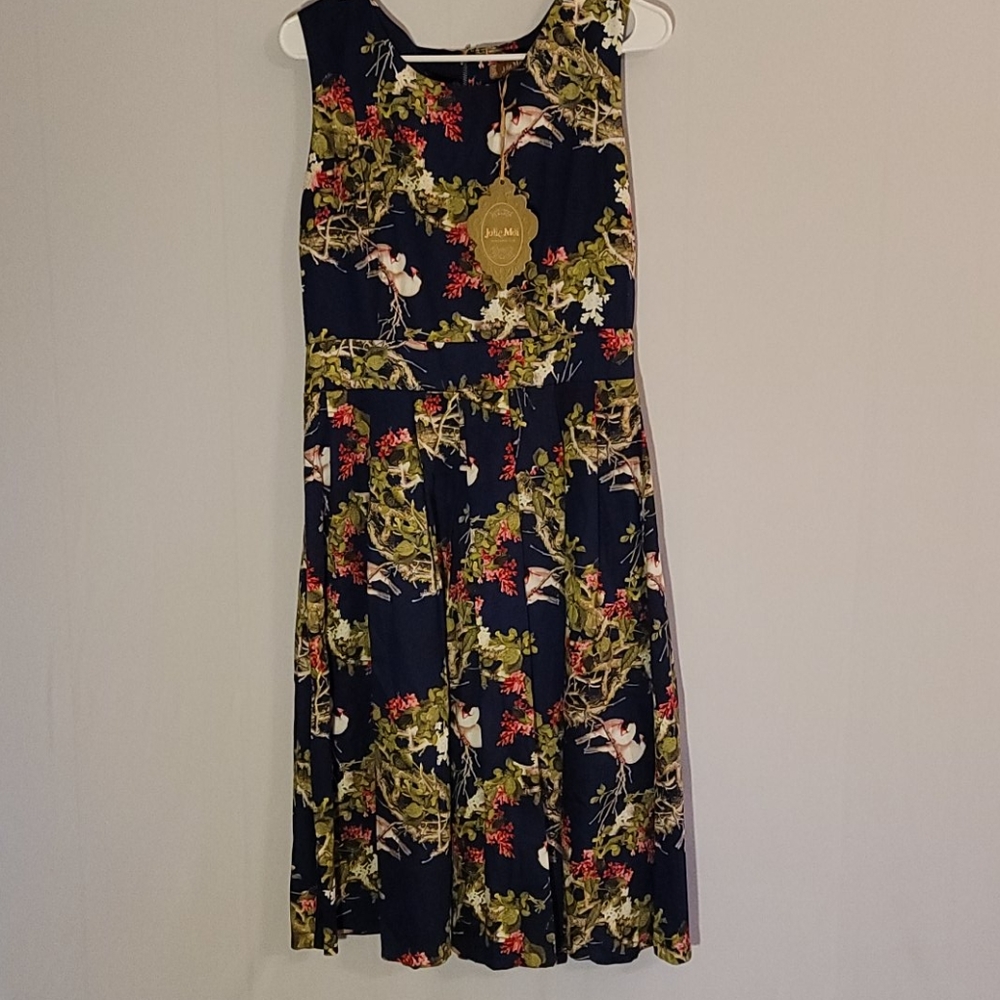 Jolie Moi Blue and Floral Bird Print Dress
